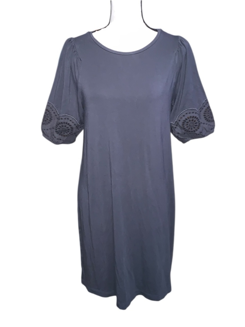 Loft Gray Jersey Dress Eyelet Puff Sleeves Women’s Size S Knee Length Shift